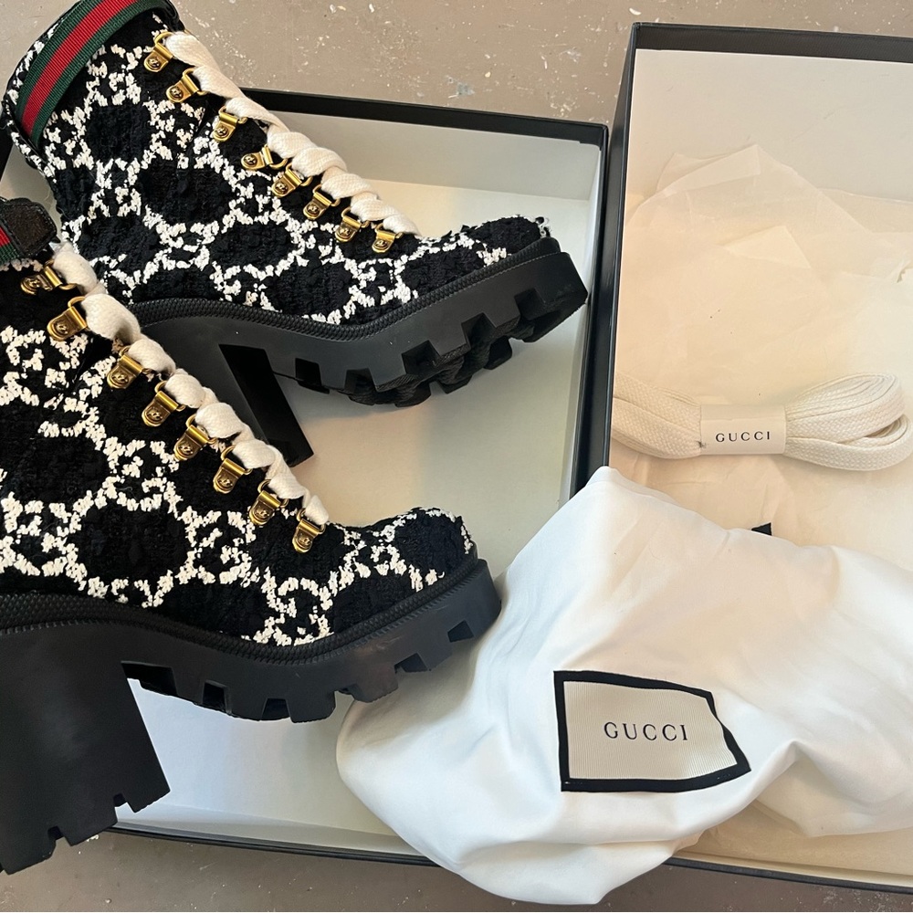 Gucci Lace Up Boots Black and White with Iconic GG Pattern